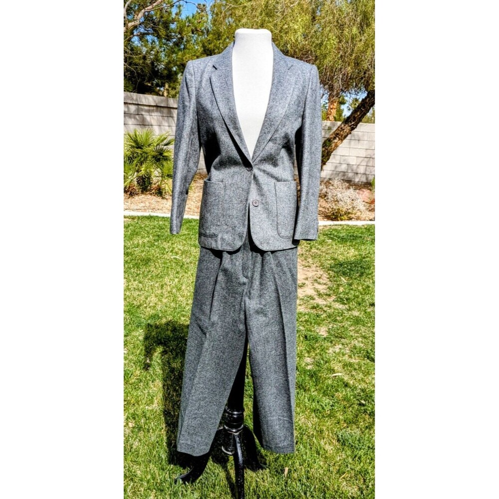 Vintage Petite Medium Gray Tweed Business 2pc Blazer/Pants Suit Outfit Set EUC